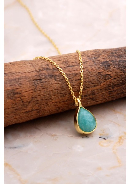 Doğal Amazonit Taşlı Damla Mini Altın Yaldızlı Gümüş Kolye 7756