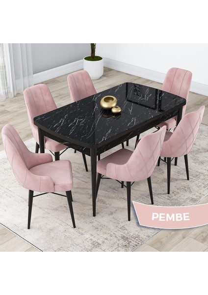 Concept Lia Serisi, Siyah Mermer Desen Açılabilir 80X132 Yemek Masası Takımı 6 Sandalye