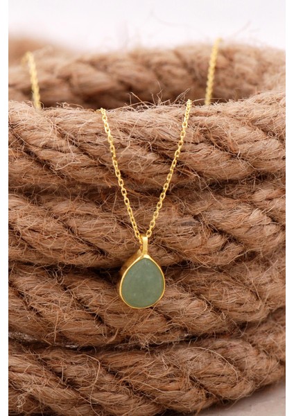 Doğal Prehnit Taşlı Damla Mini Altın Yaldızlı Gümüş Kolye 7753 fiyatları