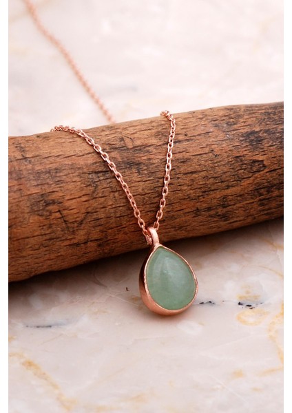 Doğal Prehnit Taşlı Damla Mini Rose Gmüüş Kolye 7755