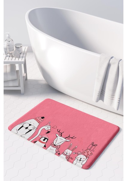 Sevimli Tasarımlı Yılbaşı Dekoru Banyo Paspası, Kaymaz Taban, Makinede Yıkanabilir, Yeni Yıl Paspası 50x80 Cm