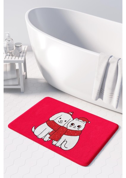 Sevimli Tasarımlı Yılbaşı Dekoru Banyo Paspası, Kaymaz Taban, Makinede Yıkanabilir, Yeni Yıl Paspası 50x80 Cm
