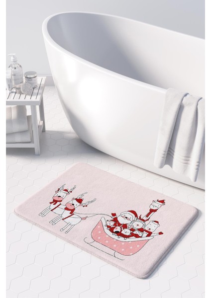 Sevimli Tasarımlı Yılbaşı Dekoru Banyo Paspası, Kaymaz Taban, Makinede Yıkanabilir, Yeni Yıl Paspası 50x80 Cm