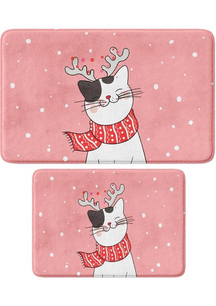 Sevimli Tasarımlı Yılbaşı Dekoru, Takım Banyo Paspası, Kaymaz Taban, Makinede Yıkanabilir, Yeni Yıl Paspası