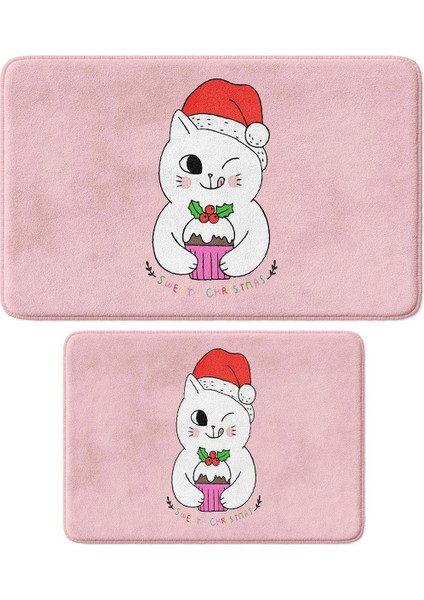 Sevimli Tasarımlı Yılbaşı Dekoru, Takım Banyo Paspası, Kaymaz Taban, Makinede Yıkanabilir, Yeni Yıl Paspası