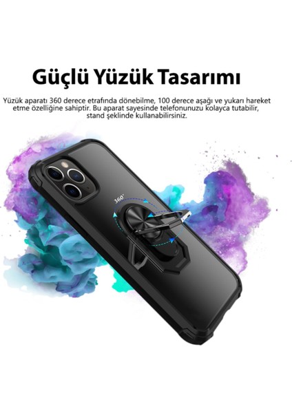 Apple iPhone 14 Pro Max Kapak Şeffaf Yüzüklü Kenar Korumalı Standlı Kılıf - Lacivert