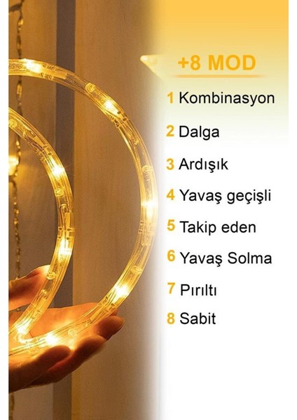 Ay Yıldız Perde LED 8 Fonksiyonlu 3,5 M Yılbaşı LED Işık Sarkıt LED 6 Yıldız 6 Ay LED