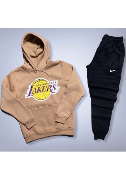 Kapüşonlu Dijital Lakers Baskılı %100 Pamuk Tam Kışlık Oversize Erkek Eşofman Takımı
