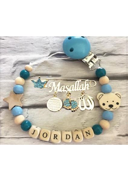 Isimli Bebek Emzik Zinciri ve Mavi Taşlı Bebek Yaka Iğnesi