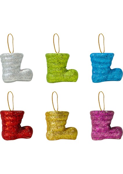 6 Adet Karışık Renk Simli Çam Ağacı Noel Baba Çizmesi Süsü 6 cm
