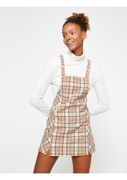 Salopet Elbise Ekoseli Yırtmaç Detaylı Askılı