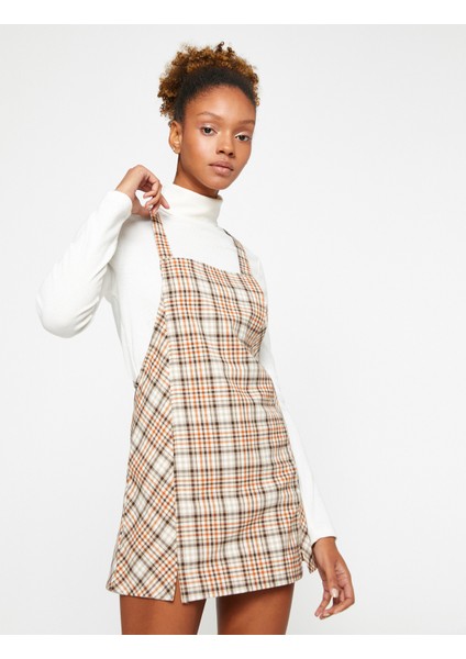 Salopet Elbise Ekoseli Yırtmaç Detaylı Askılı fiyatları