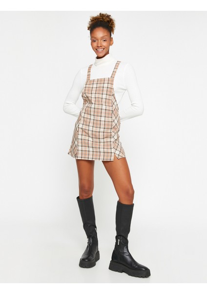 Salopet Elbise Ekoseli Yırtmaç Detaylı Askılı modelleri