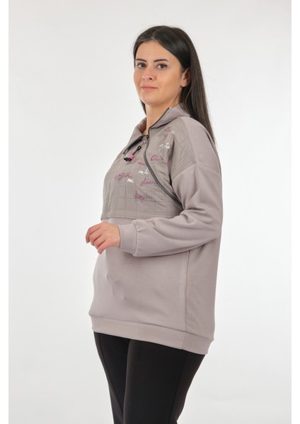 Dik Yaka Fermuarlı Uzun Kollu Gri Kadın Sweatshirt 22233308