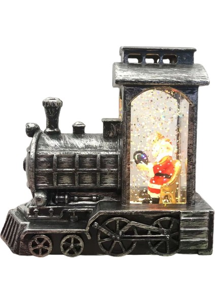 Yılbaşı Treni Işıklı Kar Küresi Noel Baba Tren Dekoratif Hediyelik Biblo Gümüş Gri
