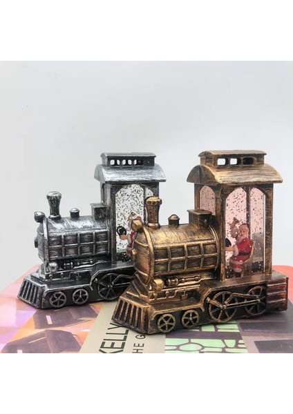Yılbaşı Treni Işıklı Kar Küresi Noel Baba Tren Dekoratif Hediyelik Biblo Gümüş Gri