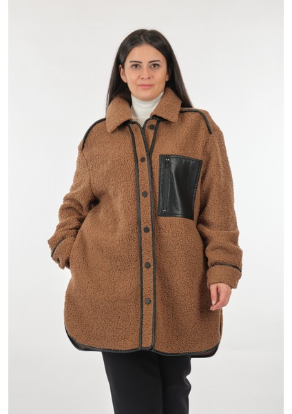 Düz Yaka Büyük Beden Cepli Uzun Kollu Camel Kadın Manto 22208335