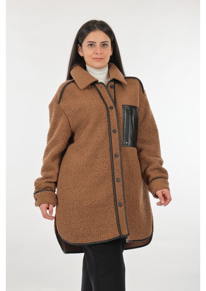 Düz Yaka Büyük Beden Cepli Uzun Kollu Camel Kadın Manto 22208335 modelleri