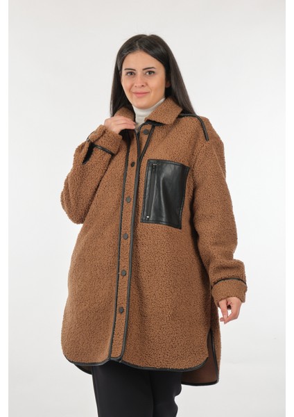 Düz Yaka Büyük Beden Cepli Uzun Kollu Camel Kadın Manto 22208335 fırsatları