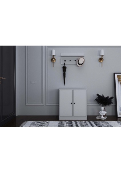 Duvar Raflı Askılıklı Iki Kapaklı Raflı Beyaz Portmanto Çıtasız PRT-1064-Ç