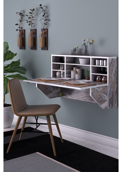 DF01104KD Duvara Monte Pratik Raflı Katlanır Kırma Masa Mutfak ve Yemek Masası