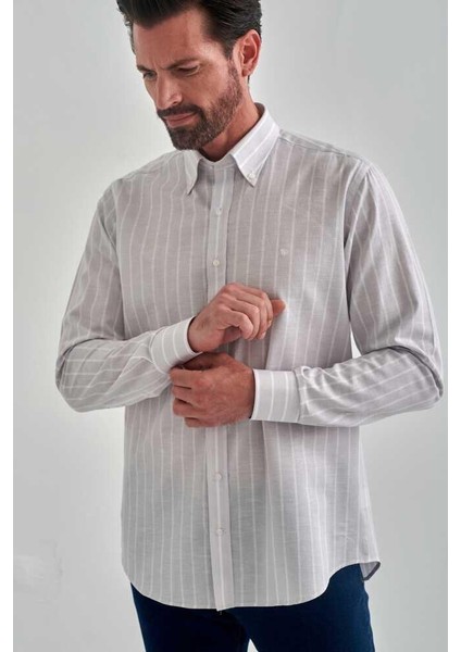Regular Fit Çizgil iUzun Gri Kollu Spor Erkek Gömlek GM22Y221040_C55