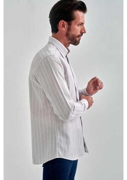 Regular Fit Çizgil iUzun Gri Kollu Spor Erkek Gömlek GM22Y221040_C55