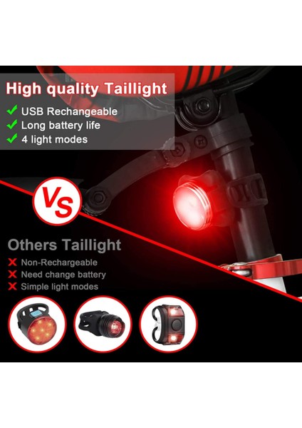 USB Şarj Edilebilir LED Far ve Arka Lambası, Parlak Ön ve Arka Bisiklet Işık Seti, 4 Işık Modu, Ipx4 Su Geçirmez - Siyah (Yurt Dışından)