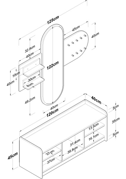 EE101 Aynalı Vestiyer Modern Portmanto Duvar Askısı Ayakkabılık Renk: Beyaz - Sepet Ceviz