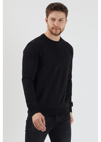 Plaın Erkek Siyah Basic Bisiklet Yaka Ince Sweatshirt