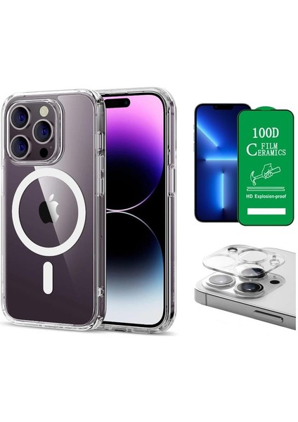 iPhone 13 Pro Max Uyumlu (13 Pro Max) Magsafe Şarj Destekli Darbe Dirençli Fit Hard Silikon Kılıf + Kamera Lens + Seramik Nano Ekran Koruyucu