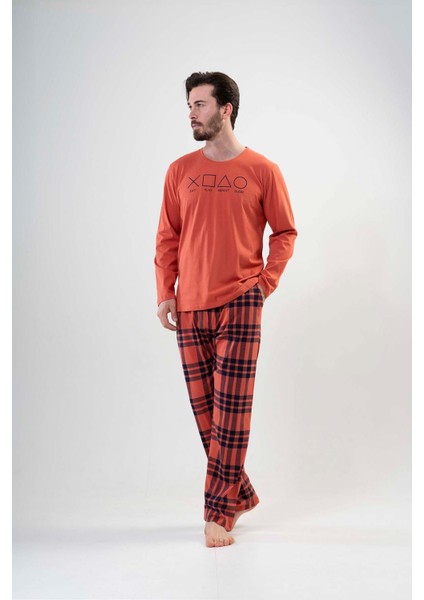 203104-3827 Erkek Uzun Kol Kiremit Pijama Takımı
