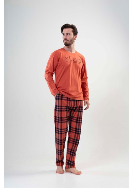 203104-3827 Erkek Uzun Kol Kiremit Pijama Takımı
