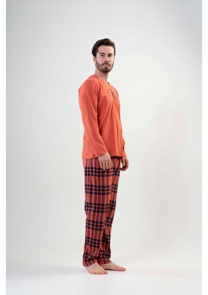 203104-3827 Erkek Uzun Kol Kiremit Pijama Takımı