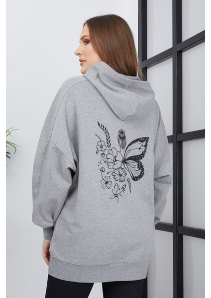 Kadın Line Art Sırt Baskılı Oversize Sweatshirt Oversize