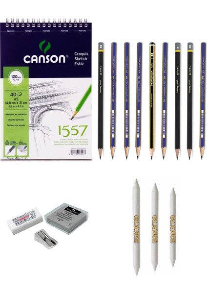 Canson 1557 Eskiz Defterli Karakalem Çizim Seti Pastel Dağıtma, Kalemtıraş, Silgi Eskiz Seti