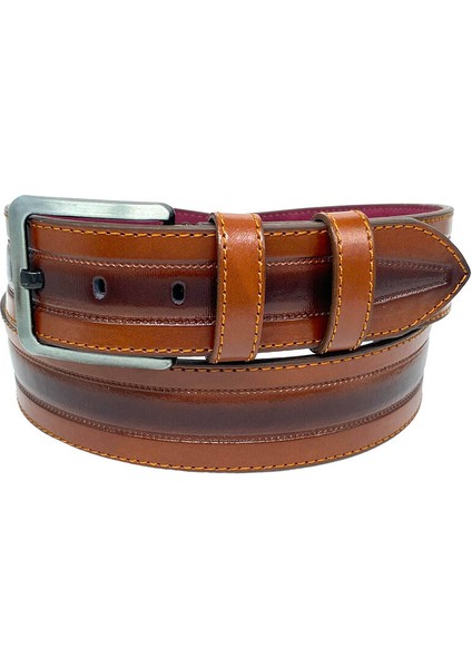 4.5 Cm. Spor Suni Deri Dikişli Model Erkek Kemer Taba