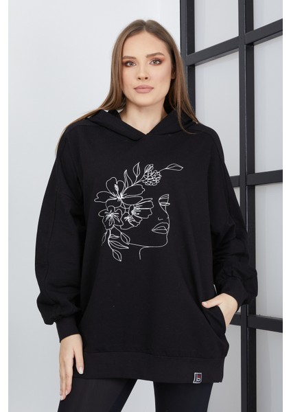 Kadın Line Art Baskılı Oversize Sweatshirt Oversize