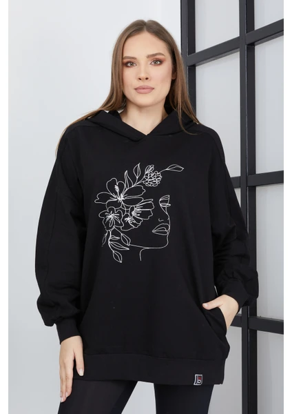 Banada Moda Kadın Line Art Baskılı Oversize Sweatshirt Oversize