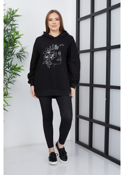 Kadın Line Art Baskılı Oversize Sweatshirt Oversize