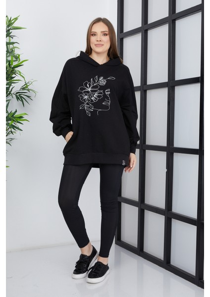 Kadın Line Art Baskılı Oversize Sweatshirt Oversize