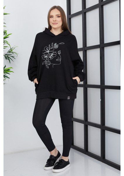 Kadın Line Art Baskılı Oversize Sweatshirt Oversize