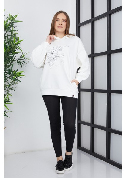 Kadın Line Art Baskılı Oversize Sweatshirt Oversize