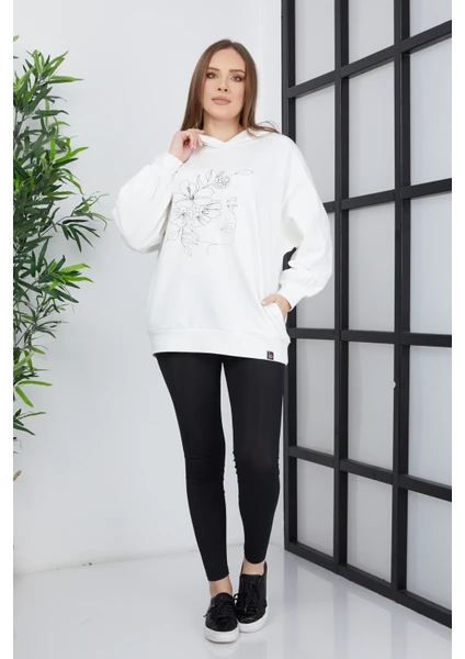 Banada Moda Kadın Line Art Baskılı Oversize Sweatshirt Oversize