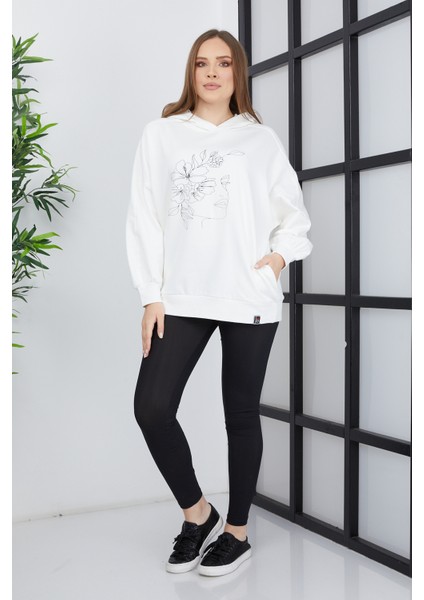 Kadın Line Art Baskılı Oversize Sweatshirt Oversize