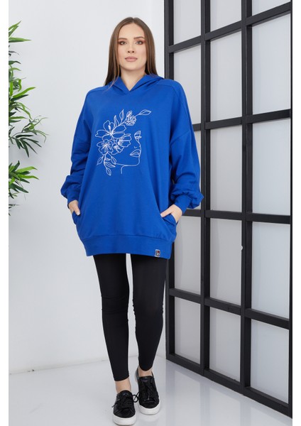 Kadın Line Art Baskılı Oversize Sweatshirt Oversize