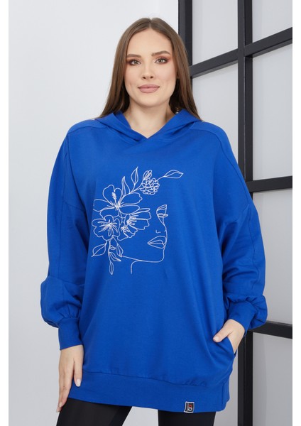 Kadın Line Art Baskılı Oversize Sweatshirt Oversize