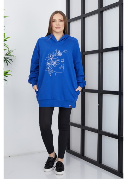 Kadın Line Art Baskılı Oversize Sweatshirt Oversize