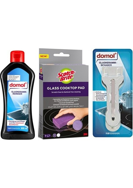 Cam Seramik Temizleyici 300 ml + Yüzey Temizleme Malası + Scotch Brite Cam Ocak Temizleme Süngeri