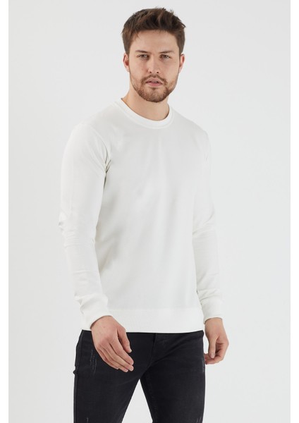 Plaın Erkek Ekru Basic Bisiklet Yaka Ince Sweatshirt